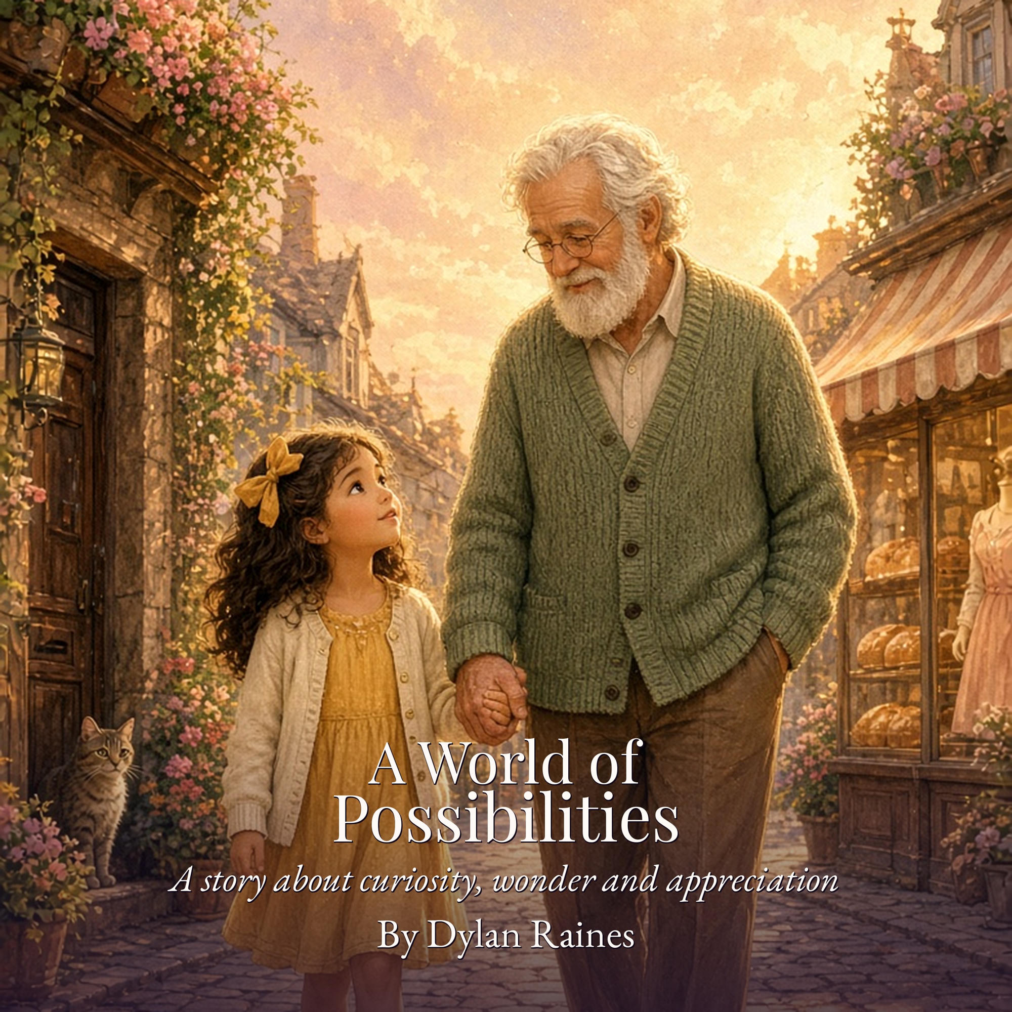 A World of Possibilities by Dylan Raines: book cover showing a girl and an older man walking through a sunlit village